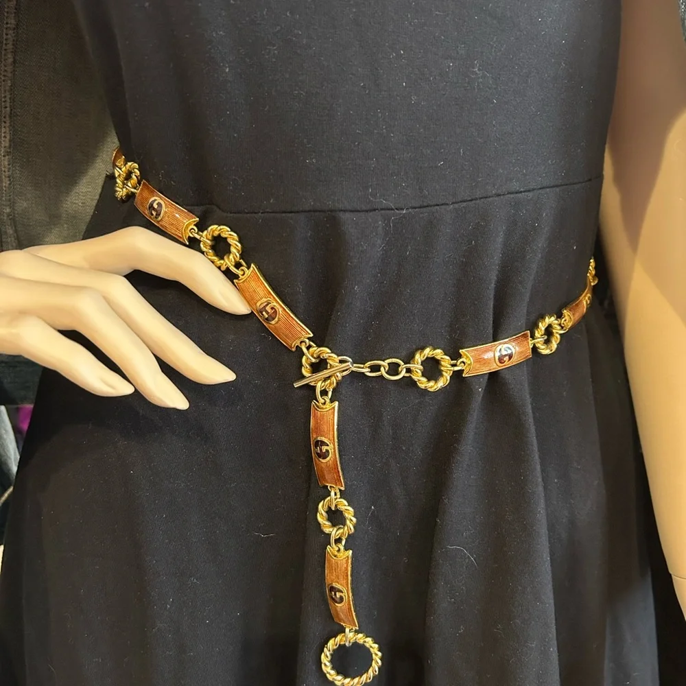 VINTAGE β70s GUCCI ITALY BROWN ENAMEL LOGO RUNWAY TOGGLE BELT/Necklace - Picture 8 of 13